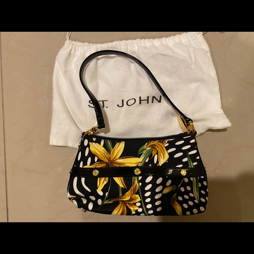 ST. JOHN Black Floral Gold Studs Purse Handbag